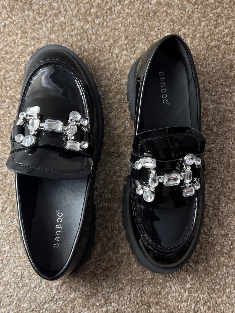 BAMBOO Black Patent Jeweled Lug Sole Loafers — Glossy Crystal Trim